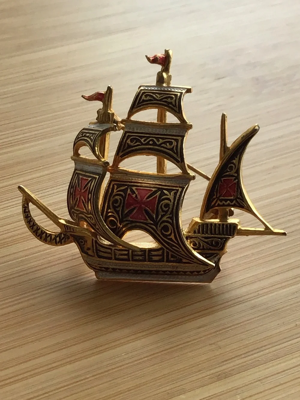 Vintage Spain Gold Tone and Red Cross Ship Brooch with Black Accents